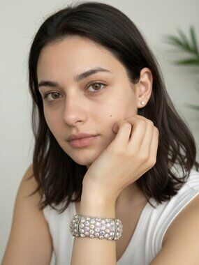 Sparkling AB Rhinestone Stretch Bracelet Chunky Silver Tone Glam Cuff